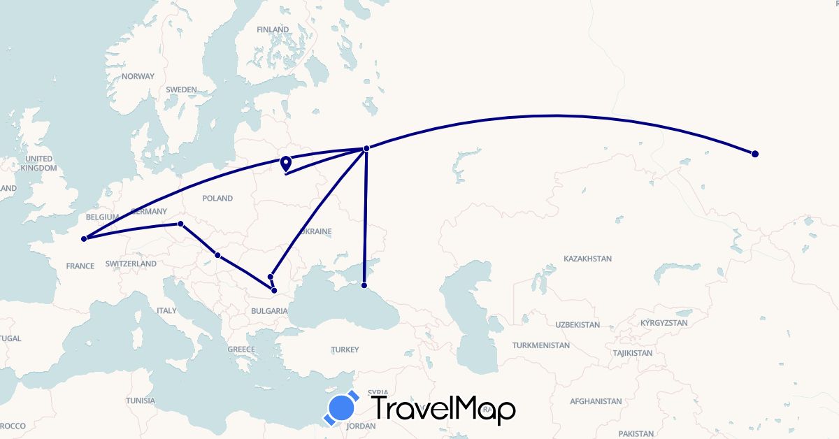TravelMap itinerary: driving in Belarus, Czech Republic, France, Hungary, Romania, Russia (Europe)